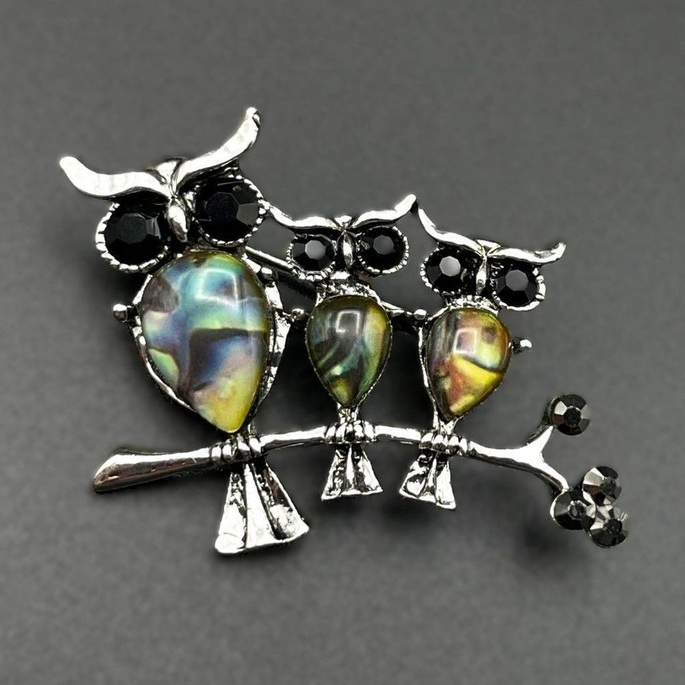 Silver Owl Trio on Branch with Abalone Shell Enamel and Crystal Pin Back Brooch